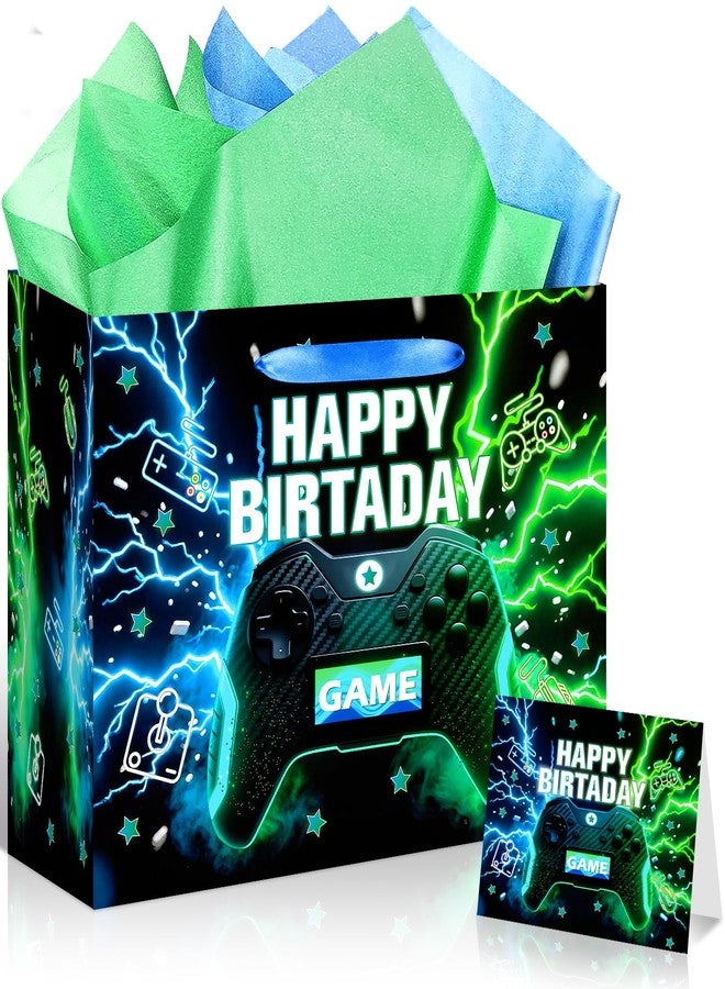 LUUFILx Video Game Birthday Gift Bag for Boys Men Game Theme Wrapping Paper with Tissue Paper Greeting Card Gaming Party Decorations Blue Green Gamer Gift Bags with Ribbon Handle for Baby Shower Supplies - Image 1