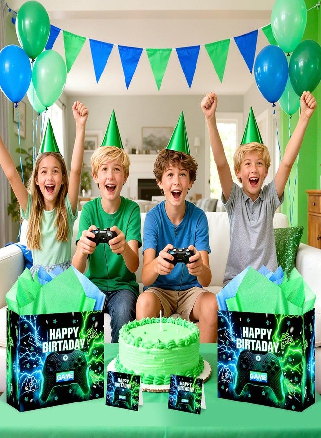 LUUFILx Video Game Birthday Gift Bag for Boys Men Game Theme Wrapping Paper with Tissue Paper Greeting Card Gaming Party Decorations Blue Green Gamer Gift Bags with Ribbon Handle for Baby Shower Supplies - Image 2