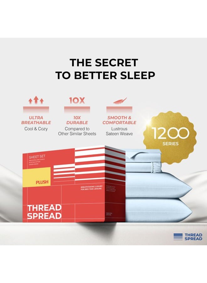 THREAD SPREAD 100% Egyptian Cotton Sheets Queen Size - 1200 Thread Count 4 PC Queen Sheet Set Egyptian Cotton, Sateen Luxury Sheets Queen Size, High Thread Count Sheets, 17" Deep Pocket - Light Blue - Image 2