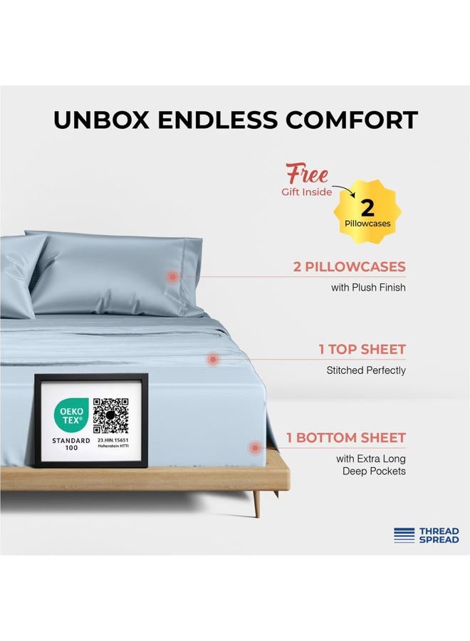 THREAD SPREAD 100% Egyptian Cotton Sheets Queen Size - 1200 Thread Count 4 PC Queen Sheet Set Egyptian Cotton, Sateen Luxury Sheets Queen Size, High Thread Count Sheets, 17" Deep Pocket - Light Blue - Image 3