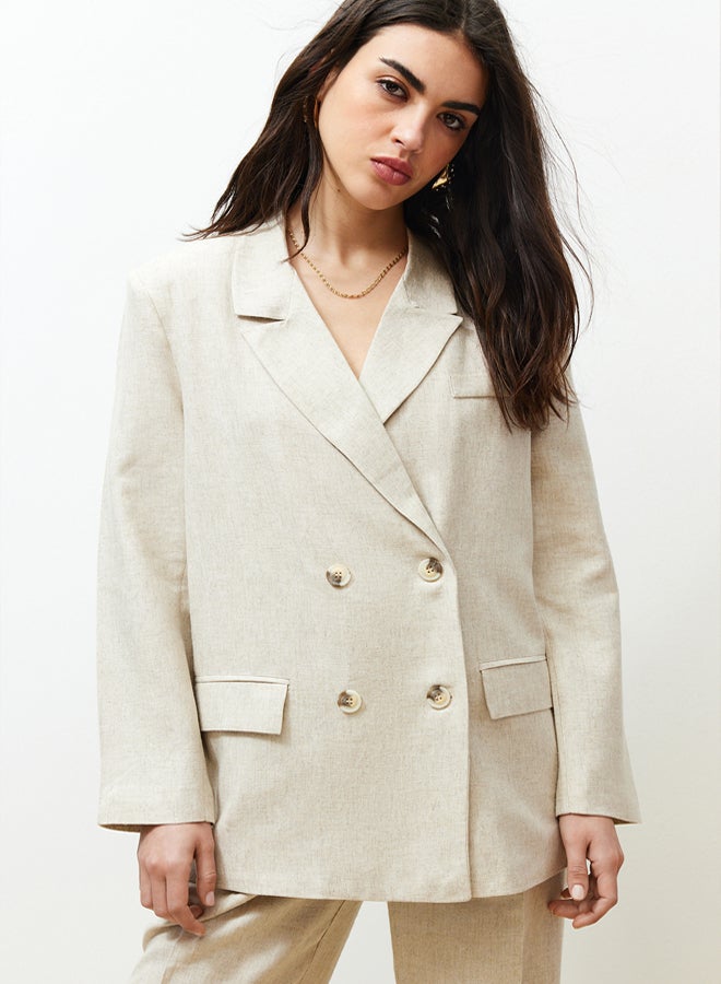 trendyol Beige Double Breasted Closure Cotton Linen Woven Blazer Jacket  - Image 3