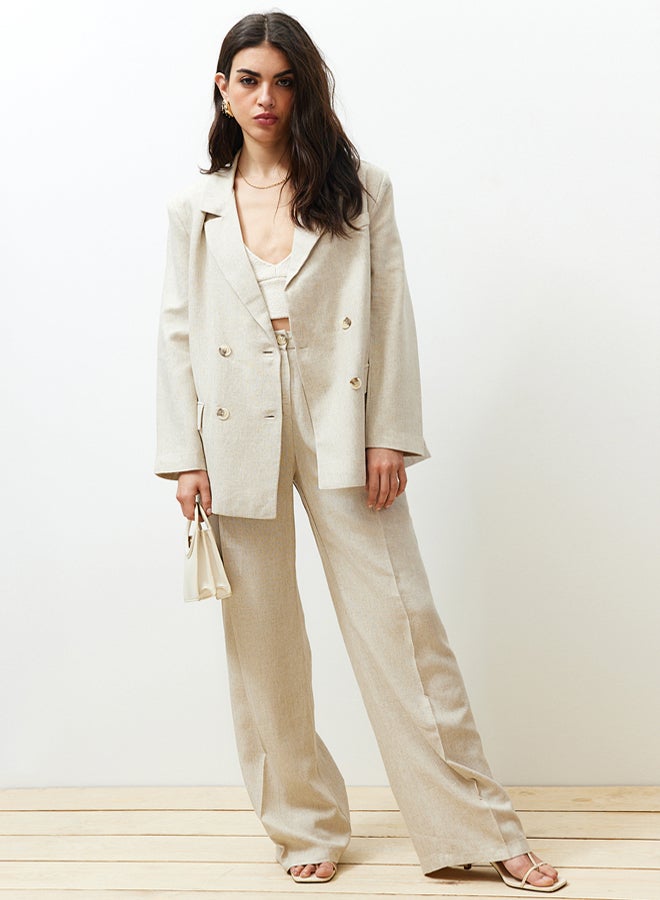 trendyol Beige Double Breasted Closure Cotton Linen Woven Blazer Jacket  - Image 2