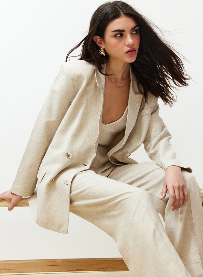 trendyol Beige Double Breasted Closure Cotton Linen Woven Blazer Jacket  - Image 1