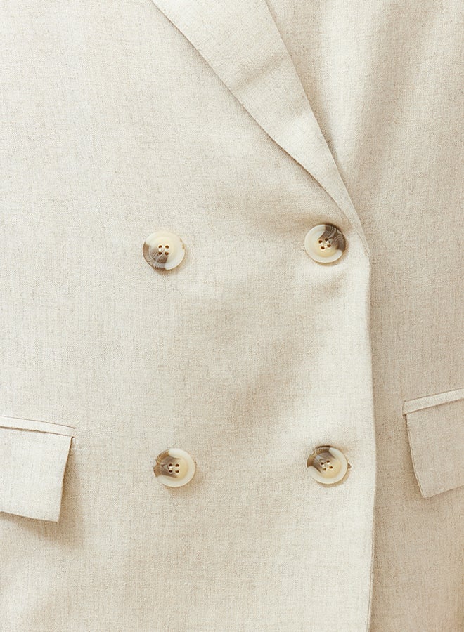 trendyol Beige Double Breasted Closure Cotton Linen Woven Blazer Jacket  - Image 4