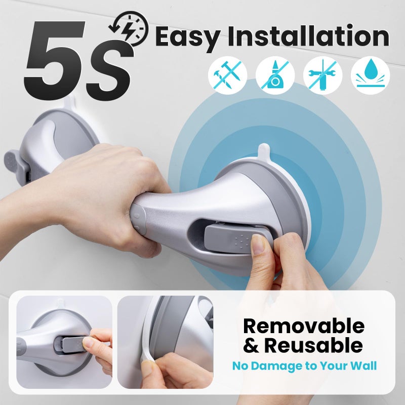 TAILI Shower Handles for Elderly Suction, 2 Pack 12 Inch Shower Grab Bars for Seniors, Grab Bars for Bathtubs and Showers, No Drilling Removable Safety Shower Grip, Silver - Image 3