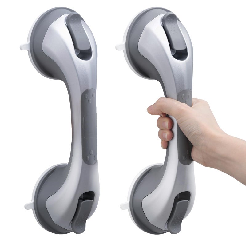 TAILI Shower Handles for Elderly Suction, 2 Pack 12 Inch Shower Grab Bars for Seniors, Grab Bars for Bathtubs and Showers, No Drilling Removable Safety Shower Grip, Silver - Image 1