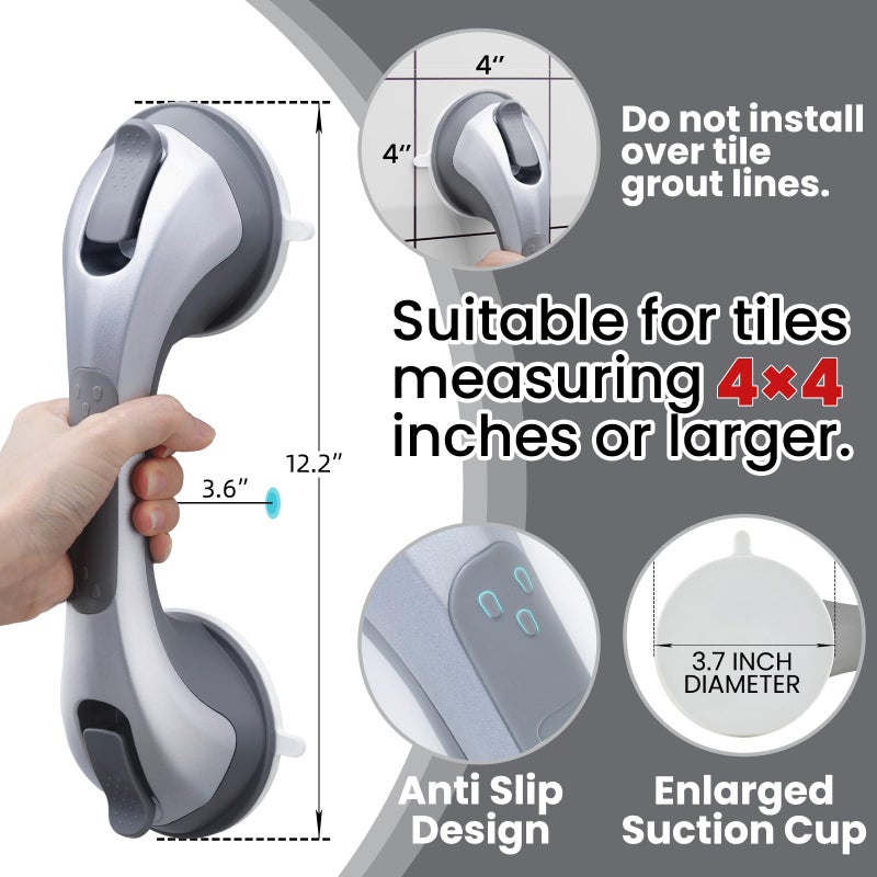 TAILI Shower Handles for Elderly Suction, 2 Pack 12 Inch Shower Grab Bars for Seniors, Grab Bars for Bathtubs and Showers, No Drilling Removable Safety Shower Grip, Silver - Image 5