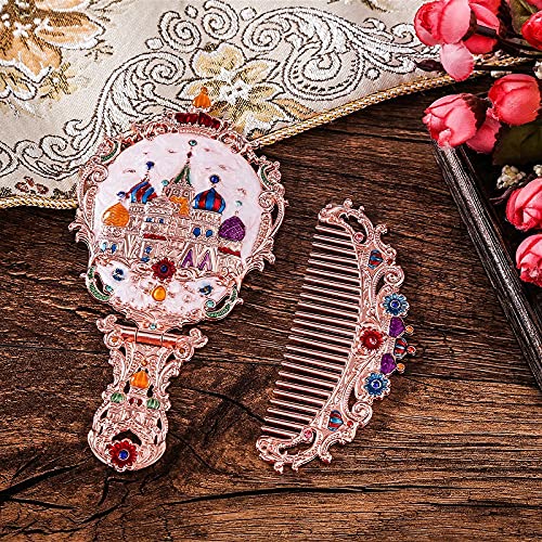 BYVUTE Handheld Mirror Set, Vintage Makeup Mirror and Comb Antique Vanity Mirror Cosmetic Decorative Embossed Hair Brush Gift for Women Girls (Castle 2) - Image 4