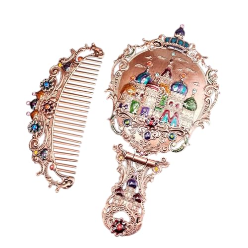 BYVUTE Handheld Mirror Set, Vintage Makeup Mirror and Comb Antique Vanity Mirror Cosmetic Decorative Embossed Hair Brush Gift for Women Girls (Castle 2) - Image 1
