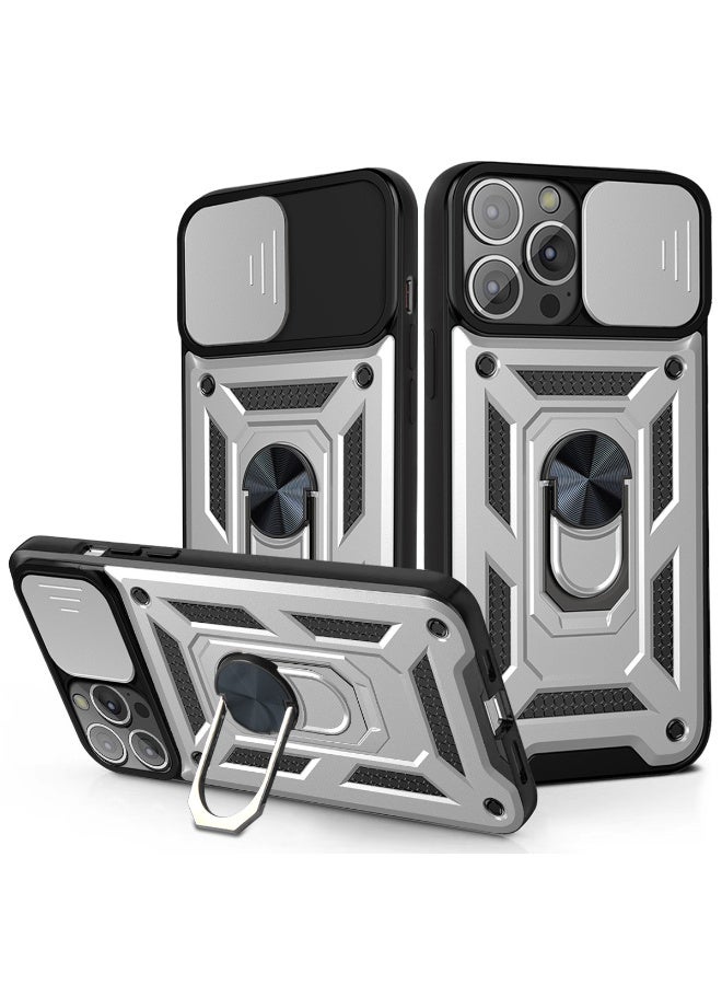 Shunjia Sliding Window Case, Shockproof Rugged Armor with Sliding Camera Cover & 360° Ring Kickstand, Compatible with Apple iPhone 13 Pro Max (Silver)