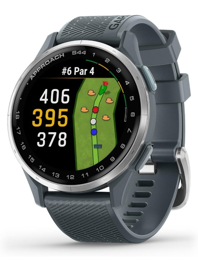 GARMIN Approach S44 Golf Watch, Silver Aluminium Bezel, Twilight Silicone Band  - Image 1