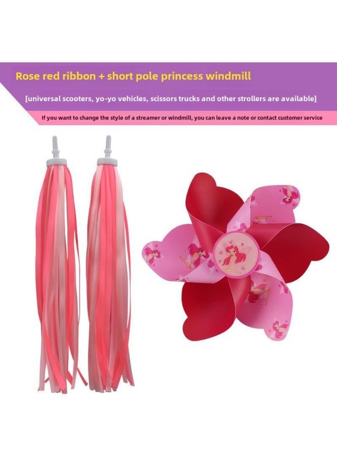 Small Windmill Children's Car Windmill Bicycle Cartoon Rotating Baby Stroller Scooter Front Decoration Accessories-Color:Rose Red Ribbon + Short Pole Princess Windmill  - Image 1
