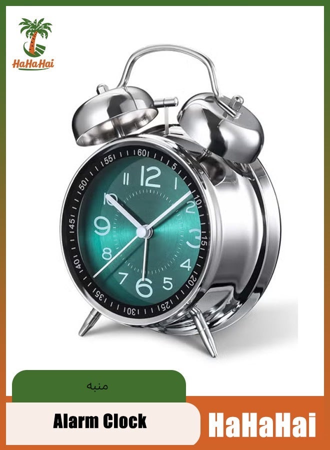 هاهاهاي ساعة منبه تناظرية لذوي النوم الثقيل، 4 انش مع جرس مزدوج، حركة كوارتز صامتة بدون دقات مع اضاءة خلفية، للاطفال، لغرف النوم، بجانب السرير (لون اخضر) - Image 1