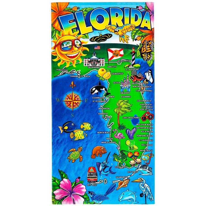 Florida Map Beach Towel 30 x 60 inch 100 Cotton  Sunshine State One Towel