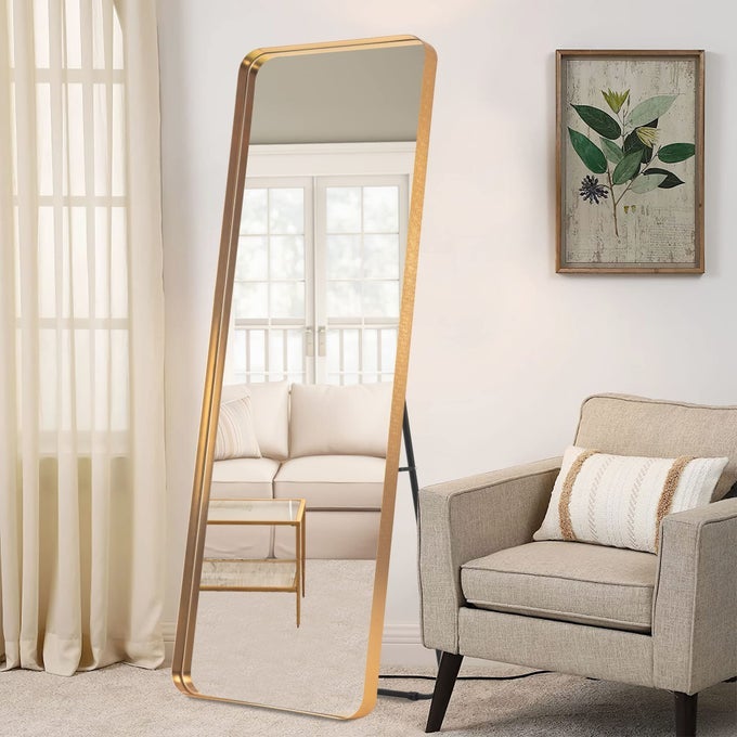 FULL LENGTH MIRROR 63X20 FLOOR MIRROR FULL BODY DRESSING MIRROR ROUND CORNER HANGING OR LEANING AGAINST WALL LARGE RECTANGLE WALL MOUNTED DEEP SET ALUMINUM ALLOY FRAME FOR BEDROOM GOLD