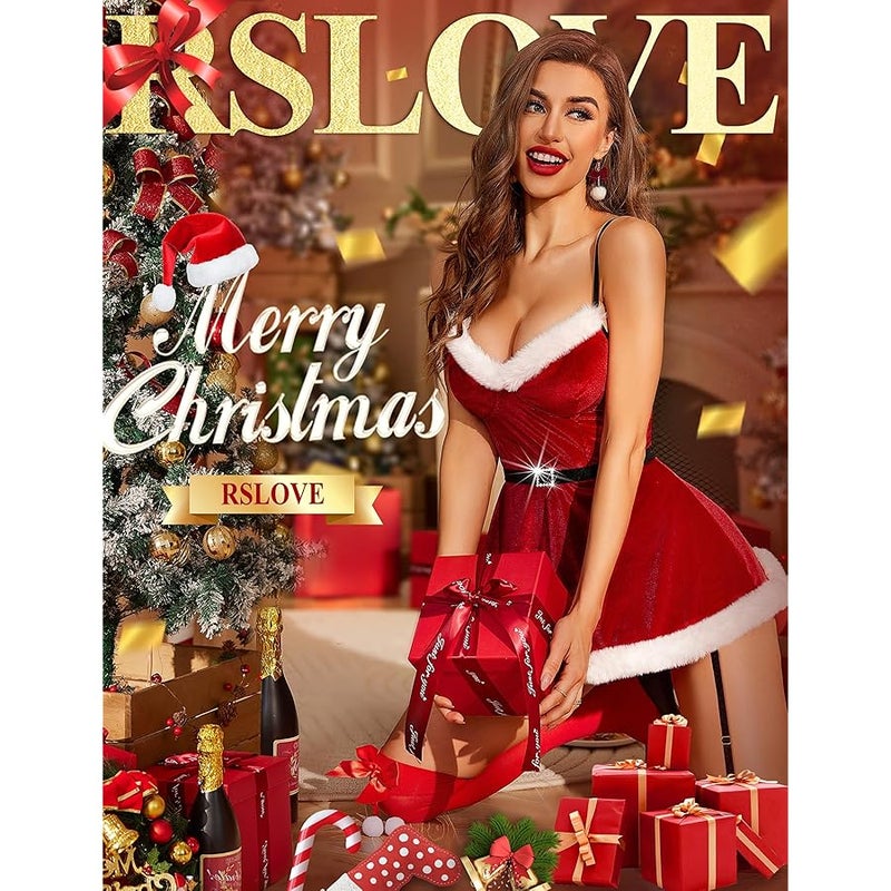 RSLOVE Sexy  Lingerie For Women Santa Babydoll Chemise Red Costume with 4PCS Garters Belt - Image 2