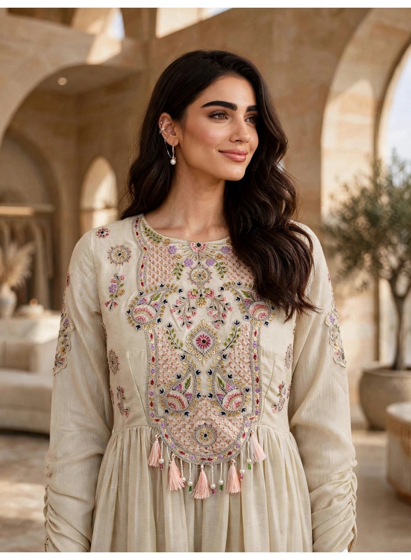 اكسا جلابية أنيقة مطرزة IK113Beige - Image 5