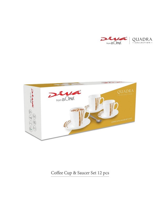 La Opala Diva, Quadra Collection Opal Glass Crockery | Coffee Cup & Saucer, Set of 12 | Golden Shades 125 ml | for Tea & Coffee | Microwave Safe | 100% Vegetarian | Extra Strong | Super Light & White - Image 4