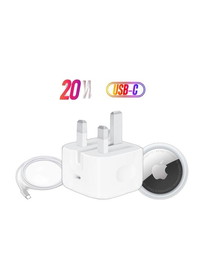 Apple USB-C To Lightning Cable - 1 Meter White &,20W USB-C 3-Pin Power Adapter / Original iPhone Charger - White & AirTag Pack of 1 White  - Image 1