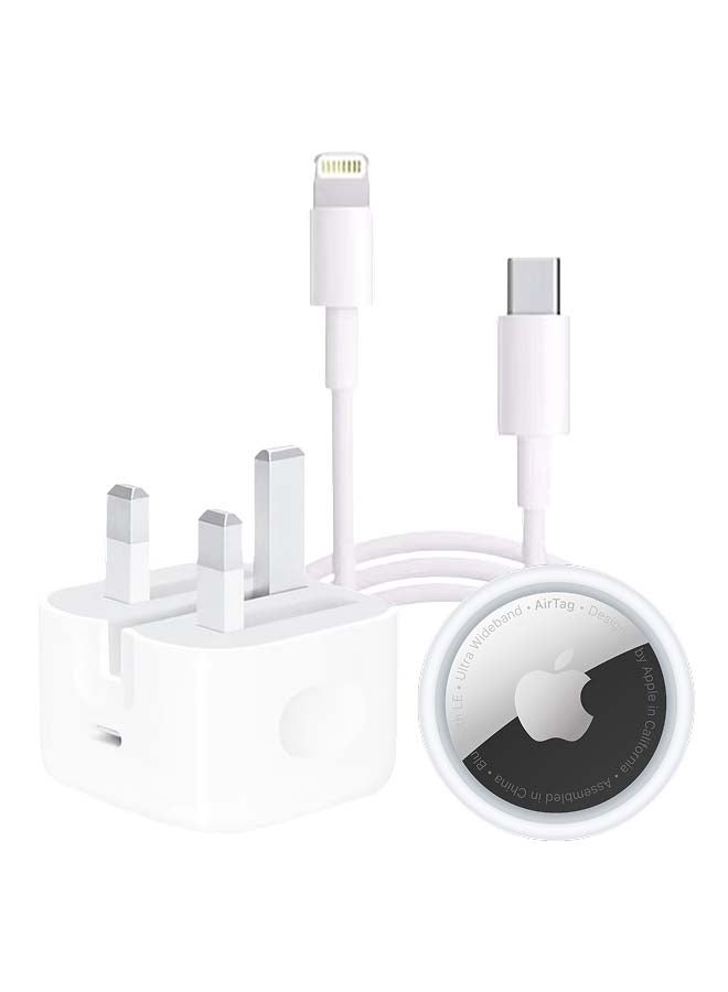 Apple USB-C To Lightning Cable - 1 Meter White &,20W USB-C 3-Pin Power Adapter / Original iPhone Charger - White & AirTag Pack of 1 White - Image 1