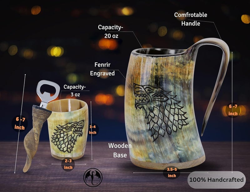 OLDEMPEROR Viking Drinking Horn Mug, 16-20oz| Shot Glass and Bottle Opener| Unique Handmade Viking Spacial Gifts for Men & Women - Food Grade Medieval Style (Fenrir) - Image 5