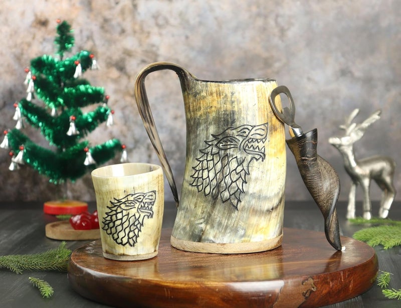 OLDEMPEROR Viking Drinking Horn Mug, 16-20oz| Shot Glass and Bottle Opener| Unique Handmade Viking Spacial Gifts for Men & Women - Food Grade Medieval Style (Fenrir) - Image 2