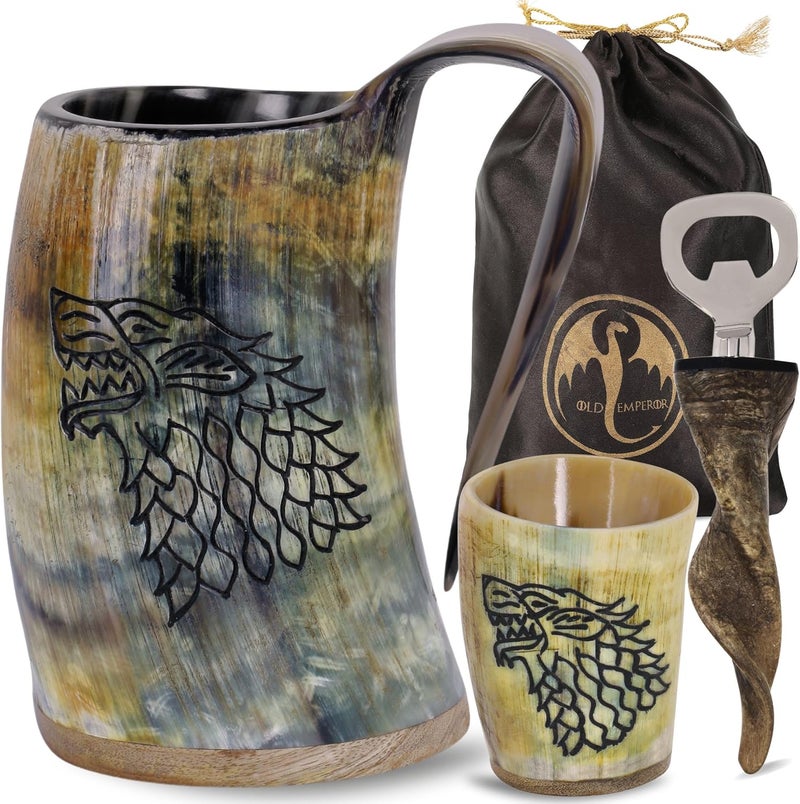 OLDEMPEROR Viking Drinking Horn Mug, 16-20oz| Shot Glass and Bottle Opener| Unique Handmade Viking Spacial Gifts for Men & Women - Food Grade Medieval Style (Fenrir) - Image 1
