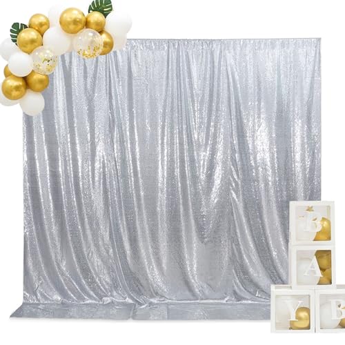 SquarePie Sequin Backdrop Opaque Non-Transparent Background Sparkly Curtain for Wedding Party 8FT x 8FT Silver - Image 1