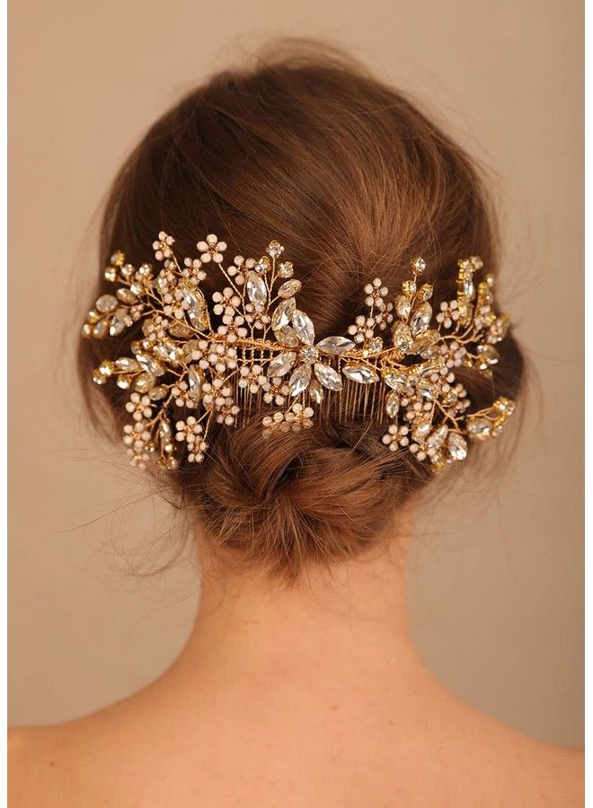 Denifery Gold Bride Crystal Wedding Hair Comb Silver Rhinestone Bridal Side Comb Opal Hair Piece Flower Wedding Hair Accessories For Women And Girls - Image 2
