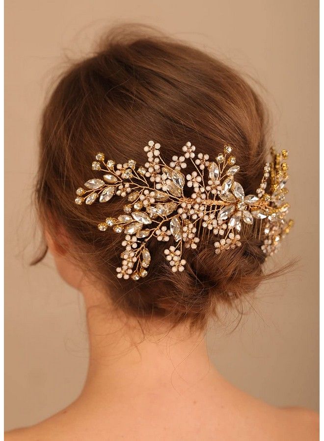 Denifery Gold Bride Crystal Wedding Hair Comb Silver Rhinestone Bridal Side Comb Opal Hair Piece Flower Wedding Hair Accessories For Women And Girls - Image 4