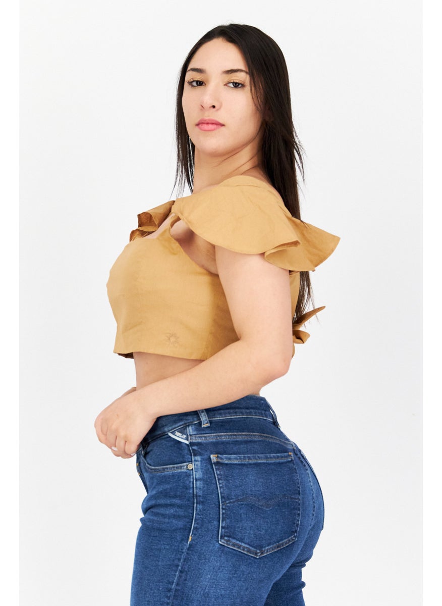 NOMAD - Women Square Neck Flutter Sleeves Plain Crop Top, Brown - Image 1