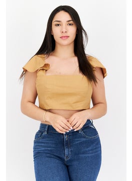 Women Square Neck Flutter Sleeves Plain Crop Top, Brown