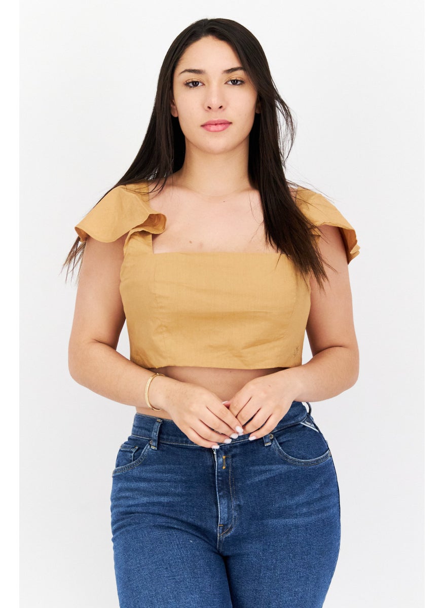 NOMAD - Women Square Neck Flutter Sleeves Plain Crop Top, Brown - Image 1