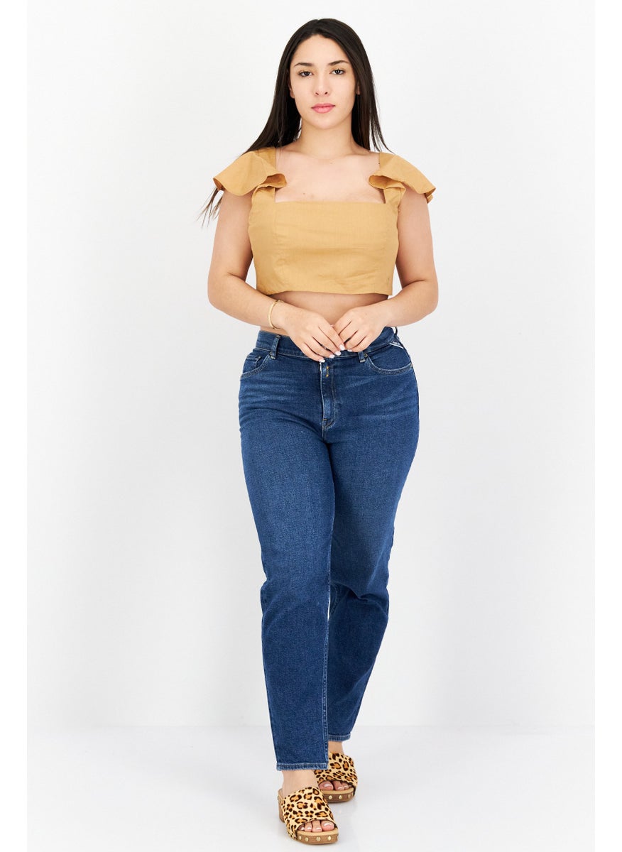 NOMAD - Women Square Neck Flutter Sleeves Plain Crop Top, Brown - Image 1