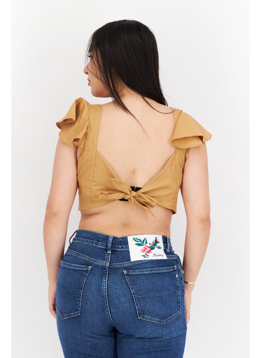 NOMAD - Women Square Neck Flutter Sleeves Plain Crop Top, Brown - Image 1