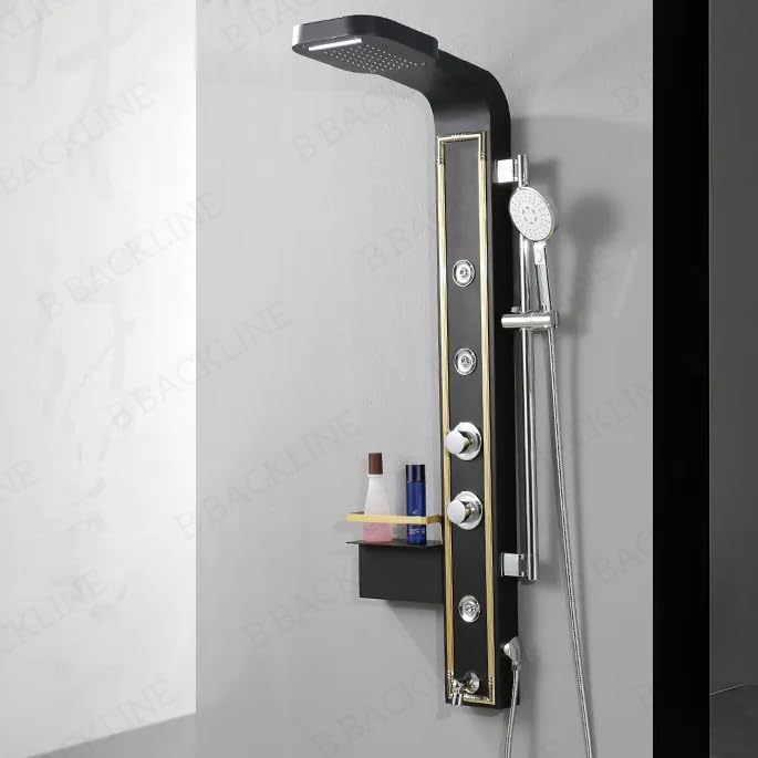 B Backline Shower Panels For Bathroom Full Set Stainless Steel 304 Grade | Black Aura Series Shower Mixer | Hand Shower | Body Mist Spray | Water Spout | Shower Panel For Bathroom (Black Gold) - Image 1