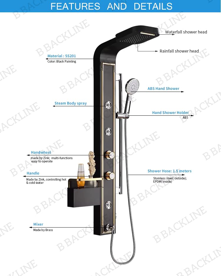 B Backline Shower Panels For Bathroom Full Set Stainless Steel 304 Grade | Black Aura Series Shower Mixer | Hand Shower | Body Mist Spray | Water Spout | Shower Panel For Bathroom (Black Gold) - Image 2