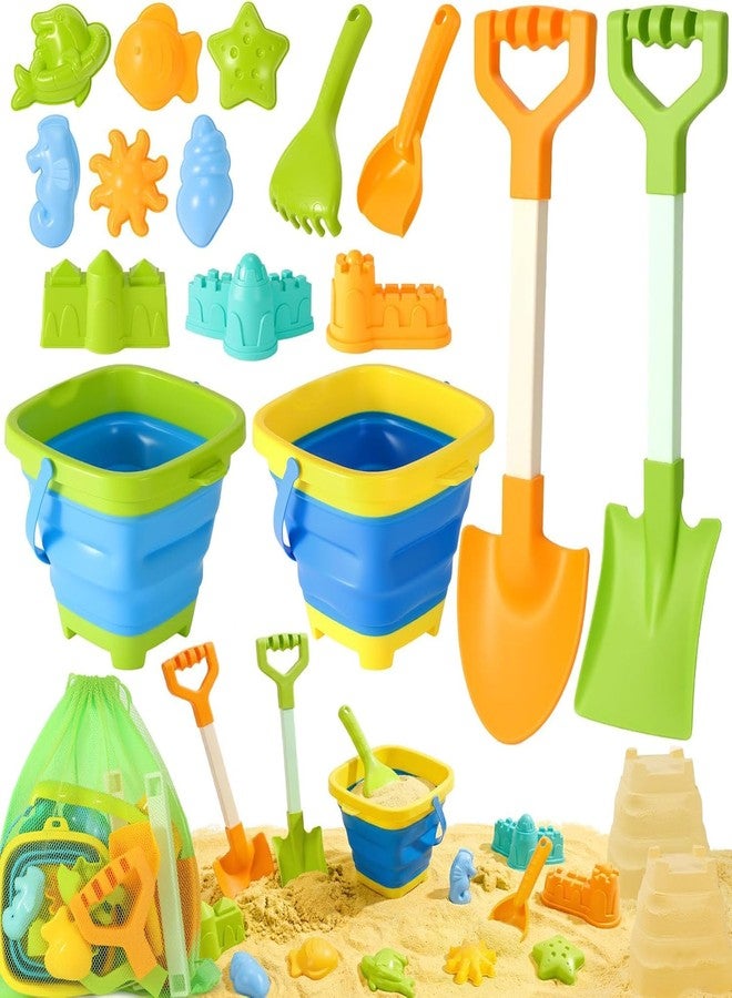 HUITEM Beach Sand Toys for Kids with 20 in Long Beach Shovels, 2 Collapsible Bucket, Sand Castle Building Kit, Sand Molds, Mesh Bag, Travel Sandbox Toys Beach Essentials for Kids Age 3-10 - Image 1