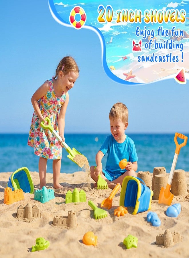 HUITEM Beach Sand Toys for Kids with 20 in Long Beach Shovels, 2 Collapsible Bucket, Sand Castle Building Kit, Sand Molds, Mesh Bag, Travel Sandbox Toys Beach Essentials for Kids Age 3-10 - Image 2