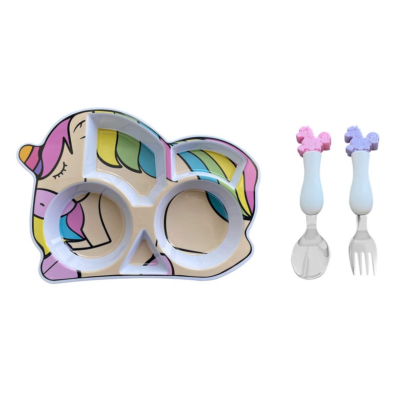 ARI MES  Unicorn Shaped Plate and Utensil Set  Fun BPAFree Shatter Resistant Lightweight Picky Eaters Kids Dinnerware Set Childrens Utensils Toddler Forks and Spoons
