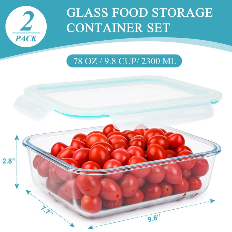 GEHE 9.8 Cup / 78 Oz Large Glass Food Storage Containers with Lids, 2 Pack Glass Meal Prep Containers Set with Airtight Locking Lids - Storing Food, Baking, Leakproof, Freezer, Microwave & Oven Safe - Image 2