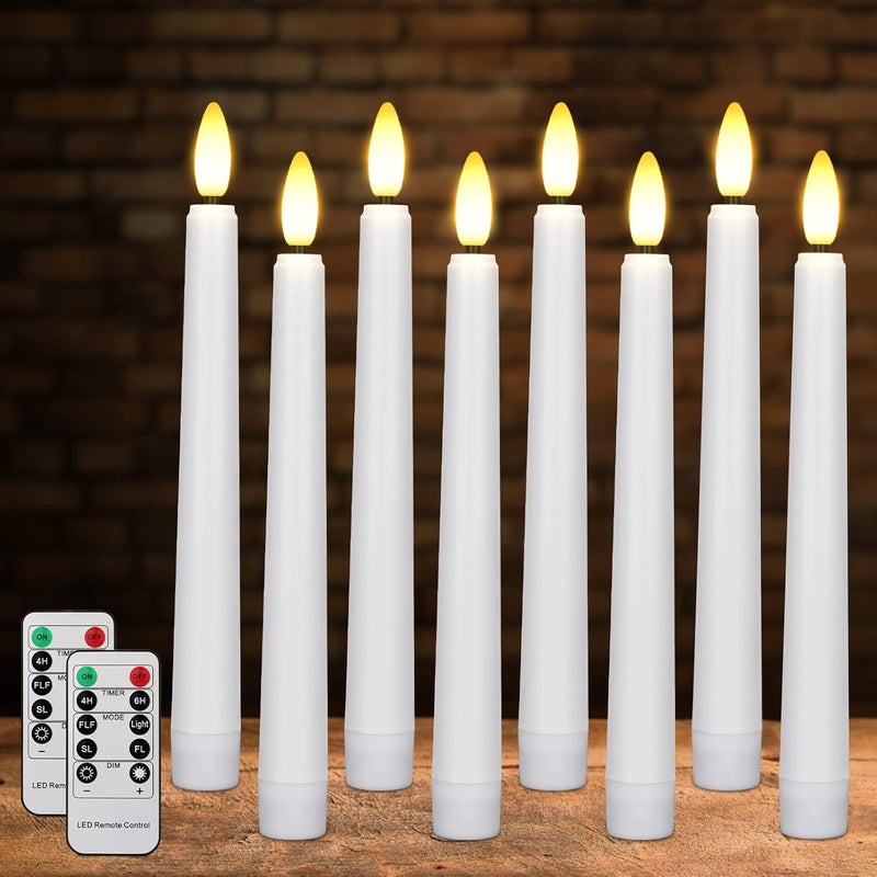 FPOO 8PCS Flameless Flickering Taper Candles with 2 Remote Control and Timer, 8 Inch 3D Wick Floating Flickering Flame, Battery Operated LED Window Candle Lights, Christmas Home Wedding Decor (White) - Image 1