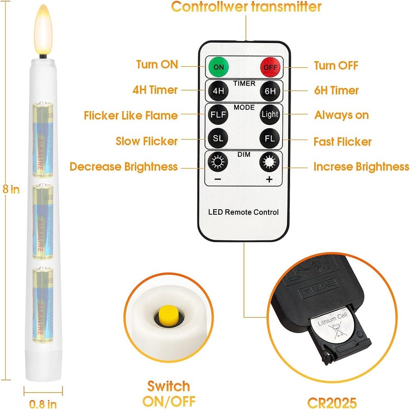 FPOO 8PCS Flameless Flickering Taper Candles with 2 Remote Control and Timer, 8 Inch 3D Wick Floating Flickering Flame, Battery Operated LED Window Candle Lights, Christmas Home Wedding Decor (White) - Image 5