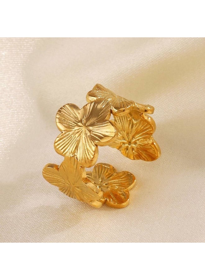 طقم خاتم وأسوارة أوراق الزيتون مطلي بالذهب من ستانلس ستيل نقي 316 (فري سايز) - Image 1