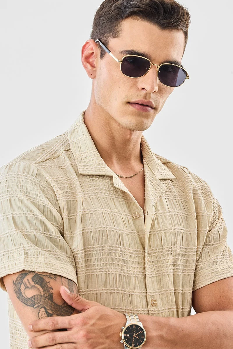 SNITCH Beige Textured Half Sleeve Boxy Shirt
