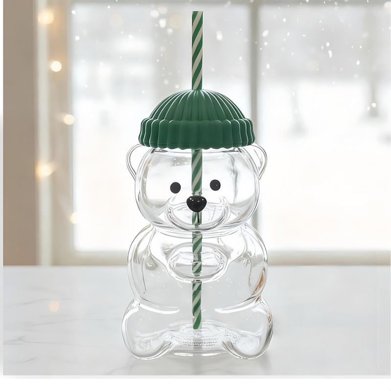 JOLINO Bear Straw Glass Cup 20oz ï¼ŒEco-Friendly Cute Bear with Lid & Reusable Straw, Cute Animal Design Glass Cup for Boba, Smoothies & Iced Coffee and Cocktailsï¼ŒDishwasher Safe - Image 1