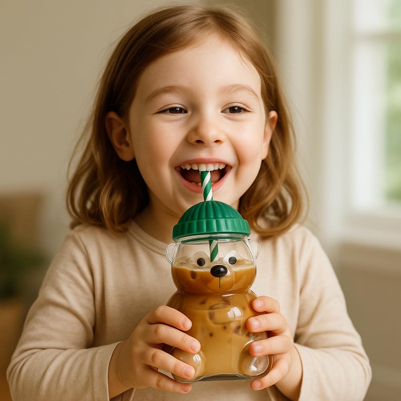 JOLINO Bear Straw Glass Cup 20oz ï¼ŒEco-Friendly Cute Bear with Lid & Reusable Straw, Cute Animal Design Glass Cup for Boba, Smoothies & Iced Coffee and Cocktailsï¼ŒDishwasher Safe - Image 3