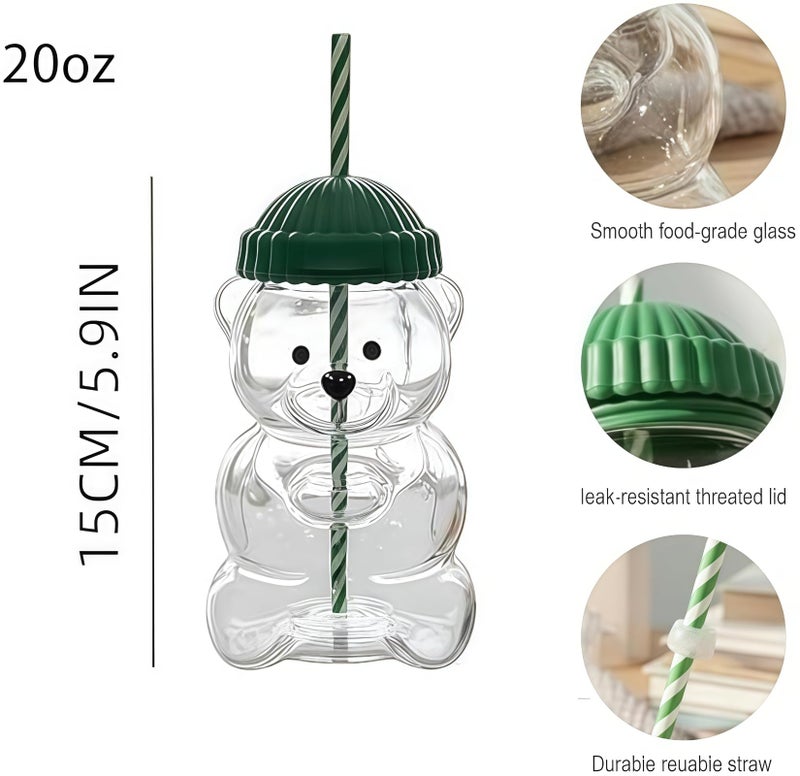 JOLINO Bear Straw Glass Cup 20oz ï¼ŒEco-Friendly Cute Bear with Lid & Reusable Straw, Cute Animal Design Glass Cup for Boba, Smoothies & Iced Coffee and Cocktailsï¼ŒDishwasher Safe - Image 4