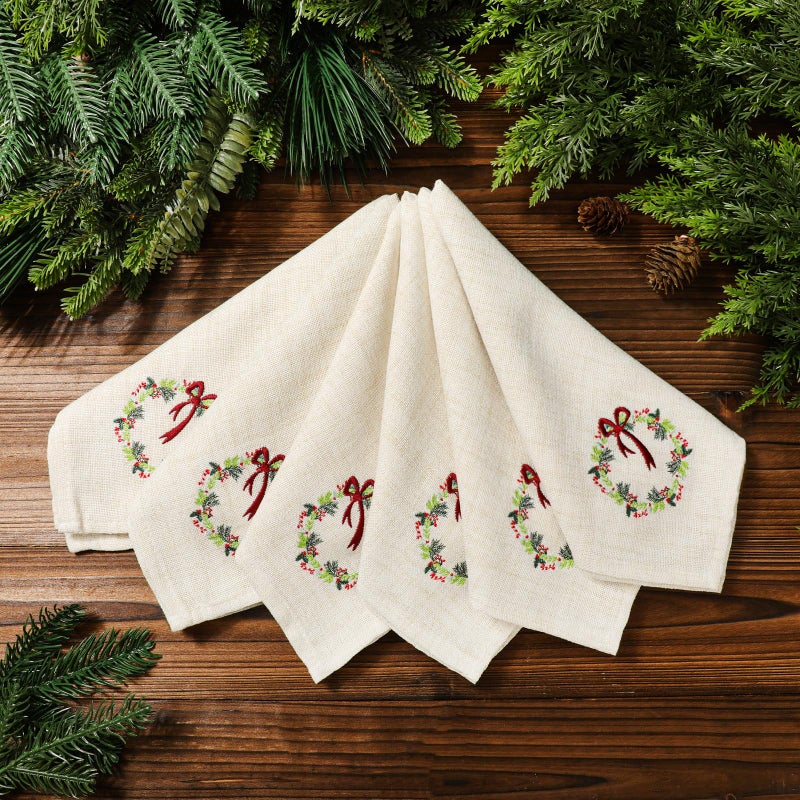 SmoothNovelty 6 Pcs Christmas Cloth Napkins Xmas Linen Dinner Napkins 18 x 18 Inch Soft Embroidered Linen Square Fabric Merry Christmas Wreath White Handkerchief for Wedding Holiday Dining Gifts - Image 2