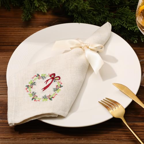 SmoothNovelty 6 Pcs Christmas Cloth Napkins Xmas Linen Dinner Napkins 18 x 18 Inch Soft Embroidered Linen Square Fabric Merry Christmas Wreath White Handkerchief for Wedding Holiday Dining Gifts - Image 3